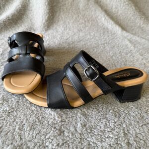 Clarks Collection Heeled Slide Sandals Desirae Palm Womens 6.5  Black Strappy